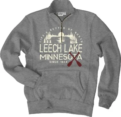Gray quarter-zip sweatshirt with Leech Lake Minnesota Since 1858 graphic and crossed paddles