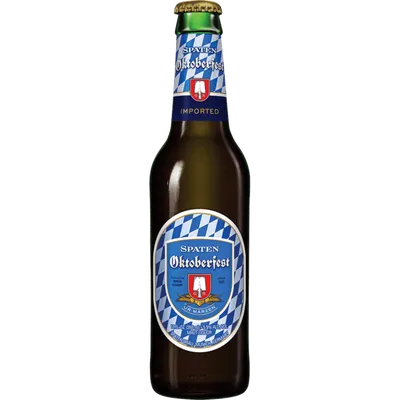 Spaten Oktoberfest beer in a brown glass bottle with blue and white label