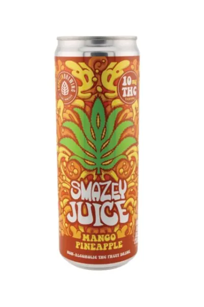Smazey Juice Mango Pineapple 10mg THC slim can with retro orange and green cannabis leaf design