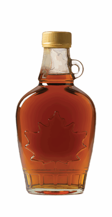 Glass bottle filled with amber maple syrup, embossed maple leaf, gold cap