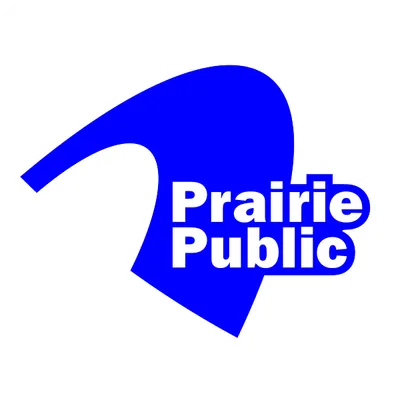 Prairie Public logo with blue abstract shape and white text