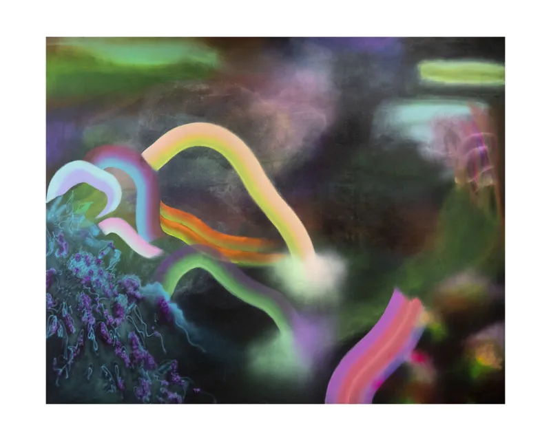 Abstract painting with glowing curved ribbons in neon pink, yellow, and green over a dark background