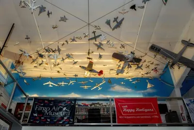 Dozens of model aircraft suspended from the ceiling at the Fargo Air Museum