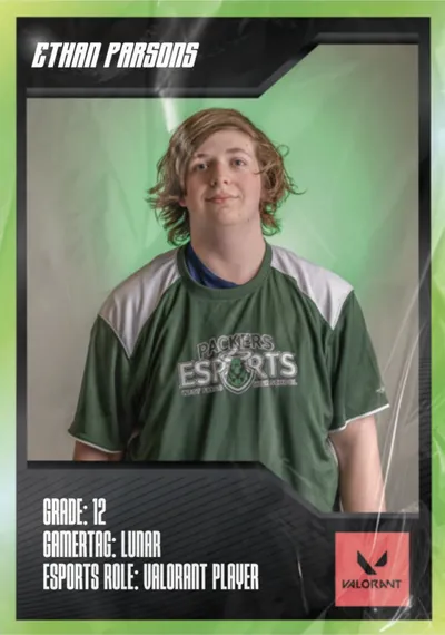Teen in green Packers Esports jersey on a trading-card graphic labeled Ethan Parsons, Valorant player