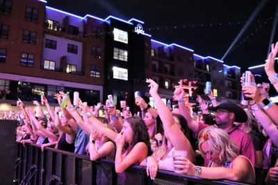 Crowd of concertgoers raising phones and drinks at an outdoor night venue