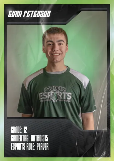 Smiling teen in a green Packers Esports jersey on a trading-card style graphic