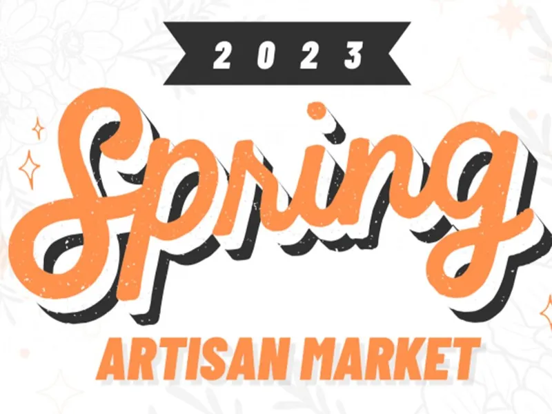 2023 Spring Artisan Market event graphic in orange and black script lettering