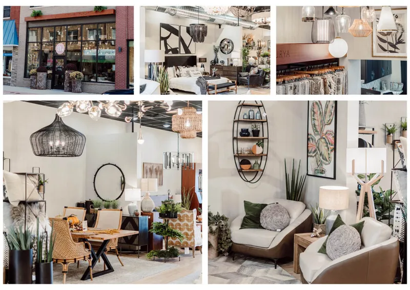 Collage of a home décor store exterior and interior displays with pendant lights, furniture, and plants