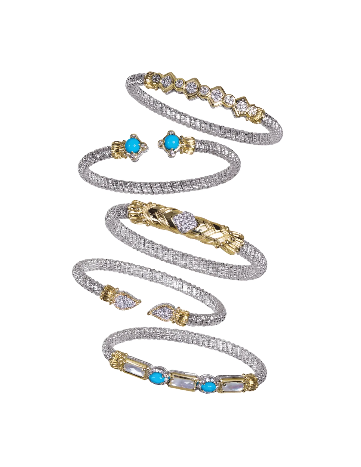 Three silver cuff bracelets with gold accents and crystal or turquoise stones, plus two pairs of earrings