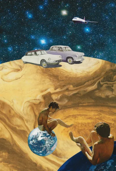 Surreal collage with two figures on a planet surface, vintage cars, a globe, and a starry sky with airplane
