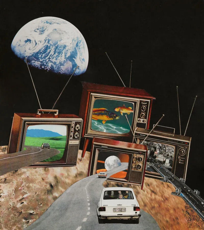 Retro collage art with vintage TVs, a road, white car, and Earth against a black sky