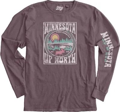 Purple long-sleeve shirt with Minnesota Up North Lake Country graphic and moose illustration
