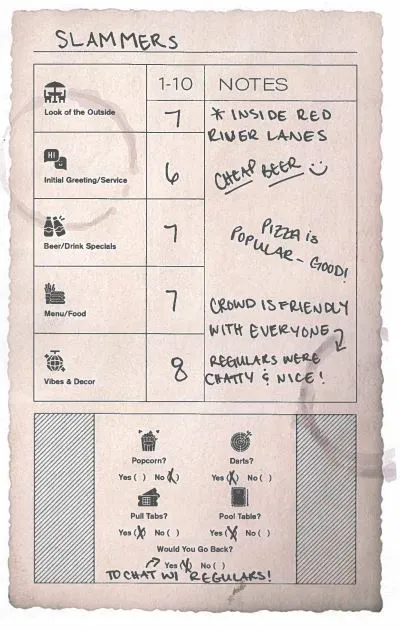 Handwritten scorecard rating Slammers bar on service, food, and vibes with notes about cheap beer and friendly regulars