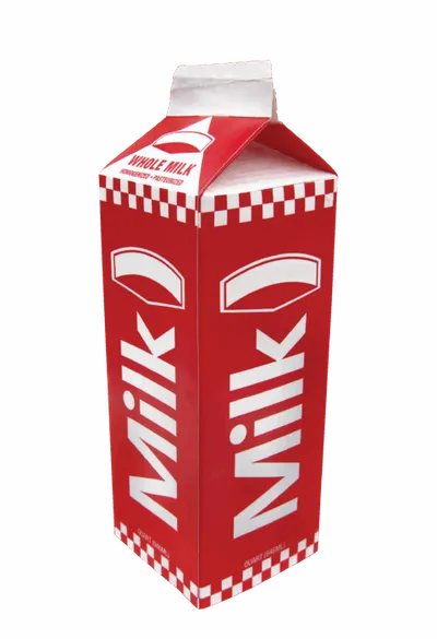 Red whole milk carton with checkered border and bold white Milk lettering