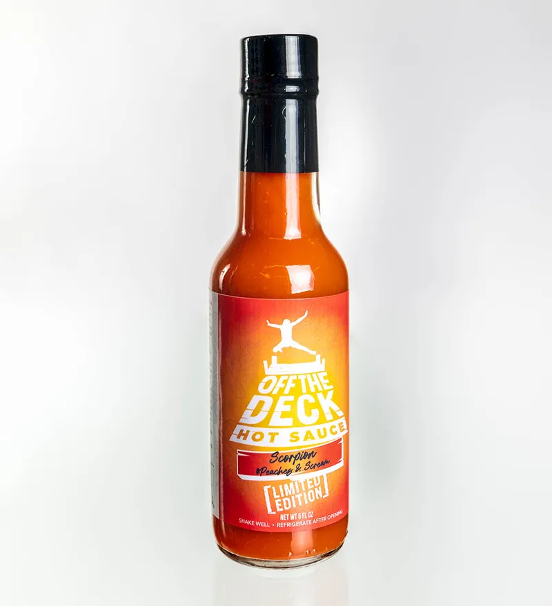 Bottle of Off the Deck Hot Sauce Scorpion Peaches & Scream limited edition
