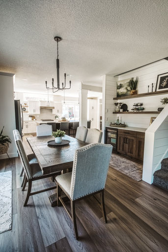 Open-concept dining room with dark wood table, upholstered chairs, black chandelier, and built-in shelving