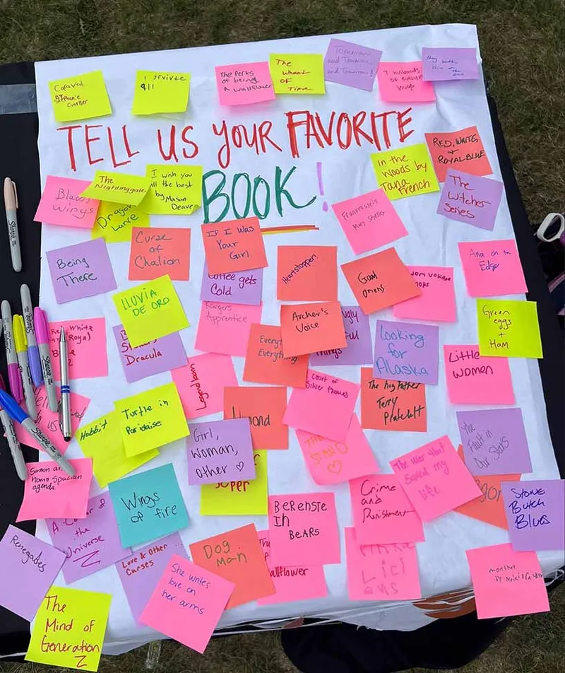 Poster board covered in colorful sticky notes sharing favorite book titles