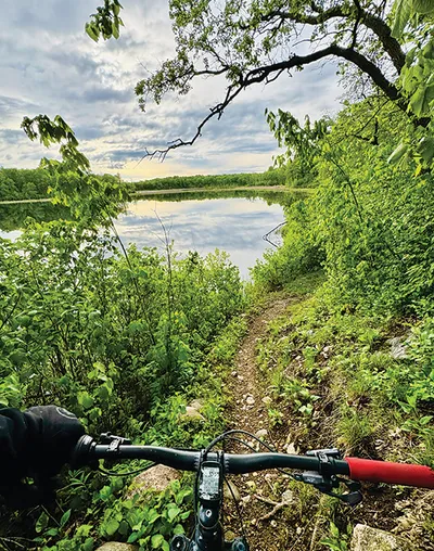 Mountain bike handlebars on a narrow dirt trail winding beside a calm lake through dense green forest