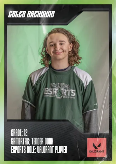 Teen boy with curly hair smiling in a green Packers Esports jersey on a trading card graphic