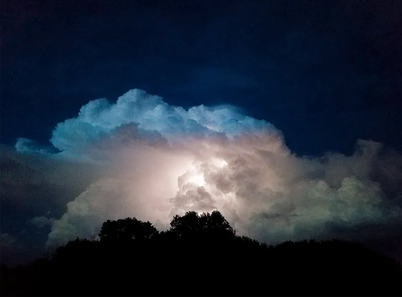 Lightning illuminates a billowing thundercloud above silhouetted trees at night