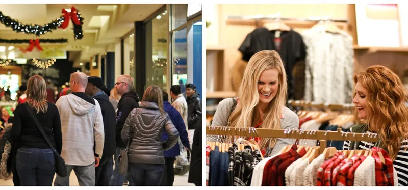 Shoppers in a holiday-decorated mall corridor; two women laughing at a clothing rack in a store