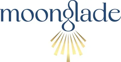 Moonglade logo with gold sunburst rays beneath navy blue wordmark