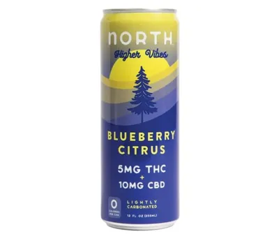 North Higher Vibes Blueberry Citrus canned seltzer with 5mg THC and 10mg CBD