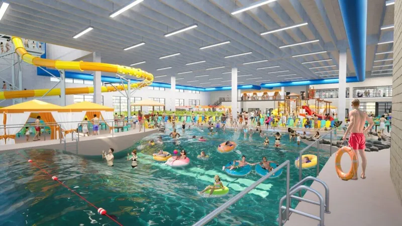 Architectural rendering of an indoor waterpark with a yellow slide, wave pool, and colorful floats