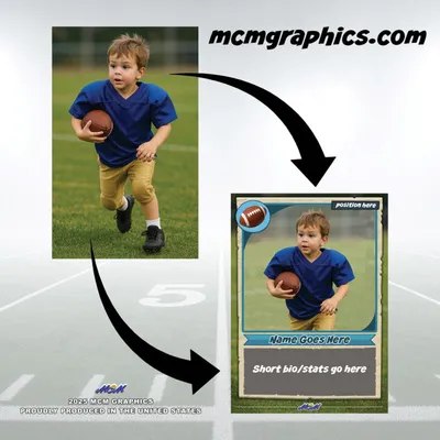 Young boy running with a football beside a custom trading card template showing the same photo