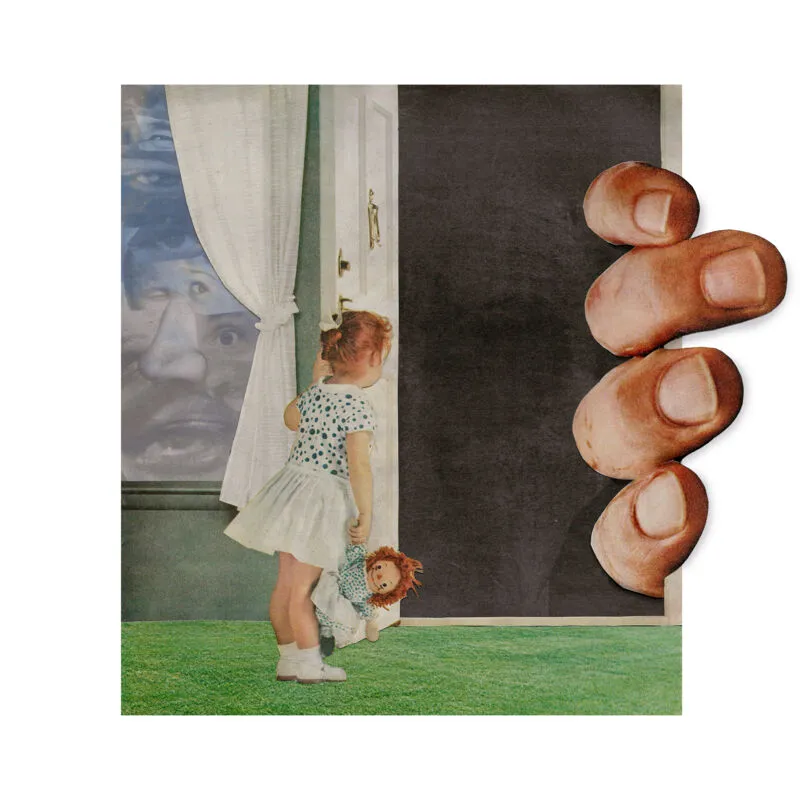 Surreal collage of a young girl holding a doll by a curtained door, with a looming face and oversized fingers