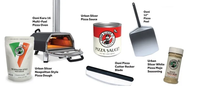 Pizza-making kit with portable oven, dough bag, sauce can, rocker blade, metal peel, and seasoning shaker