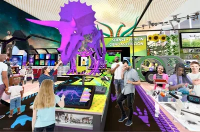 Colorful museum rendering with a purple dinosaur skeleton, interactive exhibits, and visitors of all ages