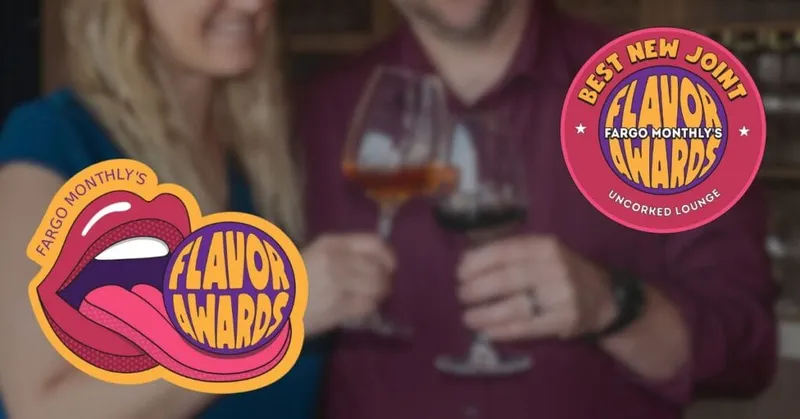 Two people clinking wine glasses with Fargo Monthly's Flavor Awards logos overlaid