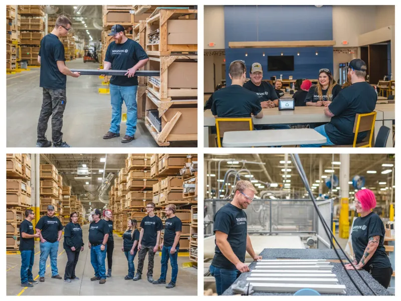 Marvin employees in matching black shirts working and meeting inside a large manufacturing facility