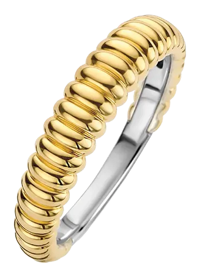 Gold ribbed band ring with a silver interior shank