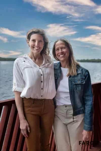 Two smiling women standing on a red deck overlooking a lake under a partly cloudy sky