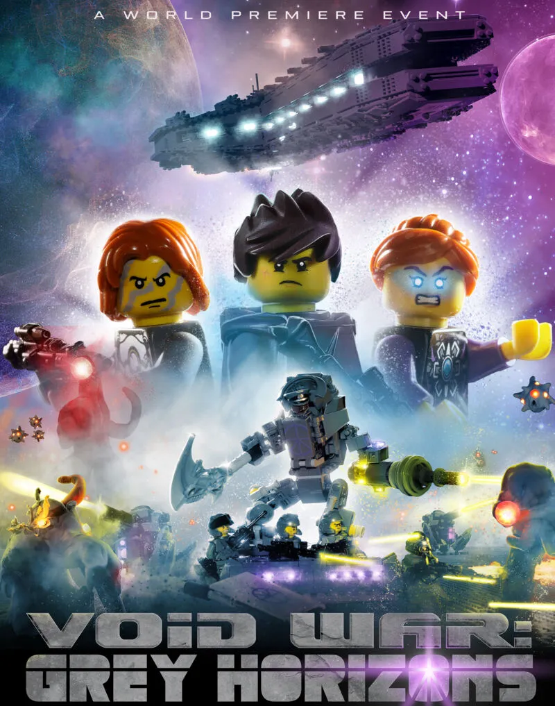 Promotional poster for Void War: Grey Horizons featuring LEGO minifigures in a sci-fi space battle scene