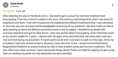 Five-star Google review praising hormone treatment and funsculpting results
