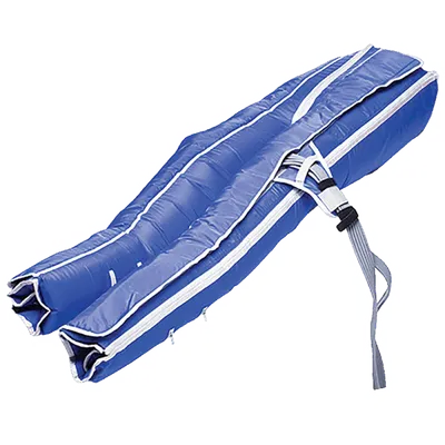 Folded blue and white inflatable compression therapy sleeve with attached hose