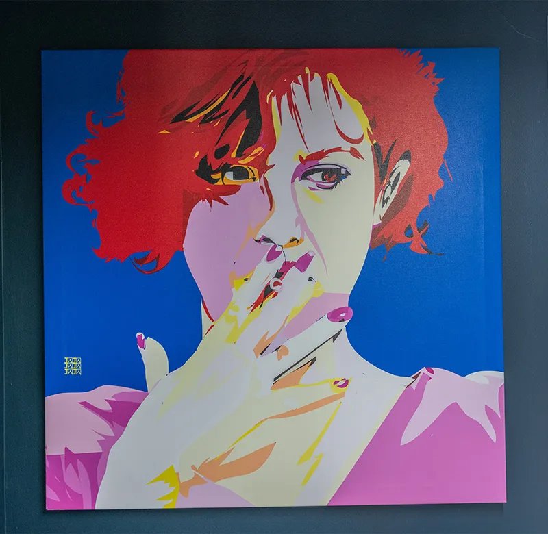 Bold pop-art painting of a red-haired figure with hand raised to face on a blue background