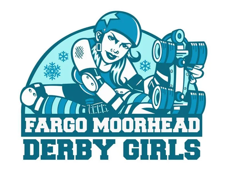 Fargo Moorhead Derby Girls logo with illustrated roller derby skater in teal