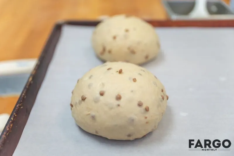 Two seeded bread dough balls resting on parchment-lined baking sheet