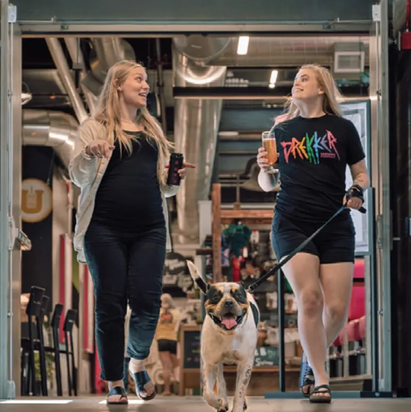 Two women walking a bulldog through a brewery entrance, one holding a canned drink