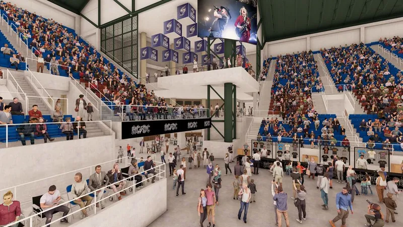 Architectural rendering of a renovated indoor arena with blue seating tiers and crowded concourse