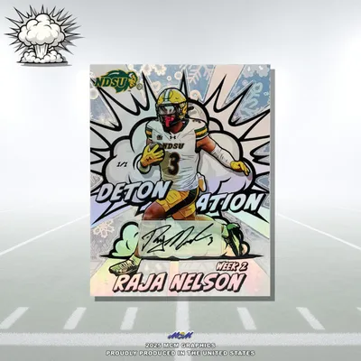Holographic NDSU football trading card featuring player Raja Nelson with comic-style artwork