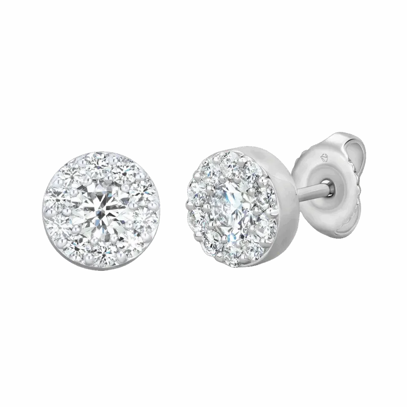 Pair of round halo diamond stud earrings in white metal with screw backs
