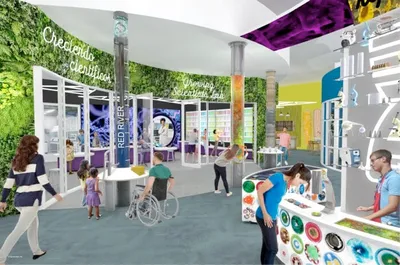 Architectural rendering of a colorful science museum interior with visitors, living green walls, and interactive exhibits
