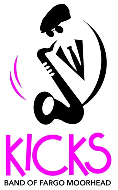 Kicks Band of Fargo Moorhead logo with stylized saxophone player in black and magenta