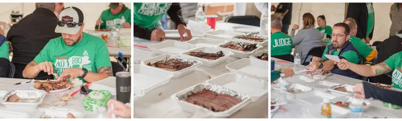 Judges in green BBQ championship shirts sampling ribs in foam trays at long tables under a tent