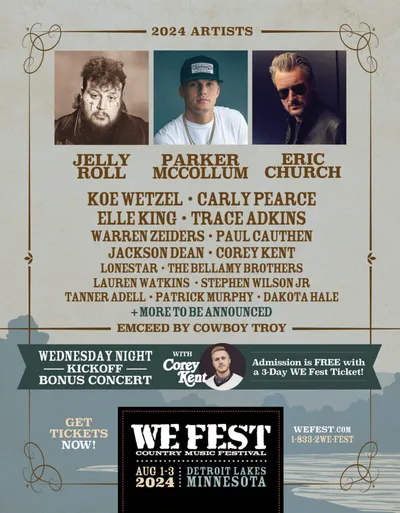 WE Fest 2024 promotional poster listing artists including Jelly Roll, Parker McCollum, and Eric Church